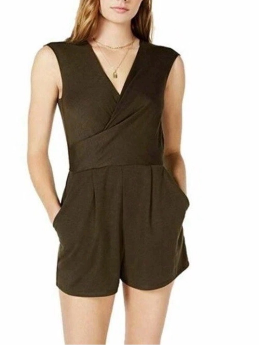 Sleeveless Olive Wrap Romper with Pockets